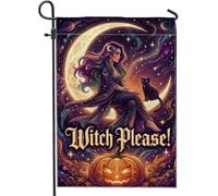 Drapeau de jardin sorcière, fantaisie croissant de lune chat Halloween violet double face en toile de jute petit drapeau de jardin pour extérieur, terrasse, pelouse, porche, balcon 30,5 x 45,7 cm