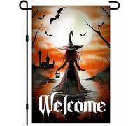 Drapeau de jardin sorcière Halloween pleine lune château silhouette bannière double face effrayant drapeau de cour décoration extérieure f