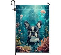 Drapeau de jardin sous-marin avec chiens français, noir et blanc, scène océanique, bannière de décoration d'intérieur, drapeau double face en toile de jute, décoration de pelouse extérieure, 30,5 x