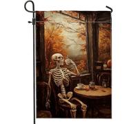 Drapeau de jardin squelette d'automne, bannière de décoration d'automne aux tons terreux chauds, drapeau rustique double face, décoration de pelouse d'Halloween, 30,5 x 45,7 cm