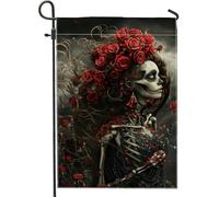 Drapeau de jardin squelette d'automne d'Halloween, roses rouges florales gothiques, décoration d'intérieur, drapeaux de jardin, drapeau de cour double face, décoration saisonnière de vacances