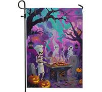 Drapeau de jardin squelette de chef d'Halloween, bannière extérieure citrouille effrayante, drapeau de cour double face en toile de jute, décoration de pelouse de fête de vacances, 30,5 x 45,7 cm