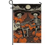 Drapeau de jardin squelette de musiciens d'automne d'Halloween, bannière de cour vintage orange sur le thème de la citrouille, décoration extérieure double face, parfait pour la décoration saisonnière