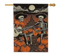 Drapeau de jardin squelette de musiciens d'automne d'Halloween, bannière de cour vintage orange sur le thème de la citrouille, décoration d'extérieur double face, parfait pour la décoration