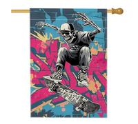 Drapeau de jardin squelette de skateboard, bannière d'extérieur graffiti coloré, drapeau de cour double face pour décoration de fête d'Halloween, 71 x 101 cm