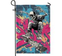 Drapeau de jardin squelette de skateboard, bannière d'extérieur graffiti coloré, drapeau de cour double face pour décoration de fête d'Halloween, 30,5 x 45,7 cm