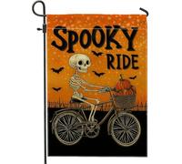 Drapeau de jardin squelette d'Halloween - Bannière décorative effrayante orange - Drapeau double face en toile de jute pour décoration de pelouse extérieure - 30,5 x 45,7 cm