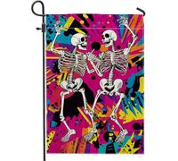 Drapeau de jardin squelette d'Halloween, néon vif rétro, décoration extérieure, bannière de pelouse saisonnière double face, 30,5 x 45,7 cm
