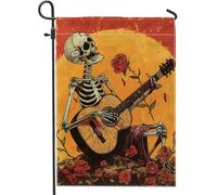 Drapeau de jardin squelette d'Halloween, roses de guitare orange, décoration extérieure, drapeau gothique vintage double face pour décoration de vacances d'automne, 12 x 18 pouces