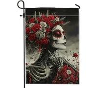Drapeau de jardin squelette d'Halloween, tête de mort de roses rouges et grises pour décoration d'intérieur, drapeaux de cour, décoration saisonnière de pelouse gothique 30,5 x 45,7 cm