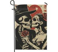 Drapeau de Jardin Squelette Gothique Halloween Squelette Romantique Noir Rouge Décor À La Maison Fête De Vacances Décoration De Pelouse Extérieur Double Face Automne 12x18