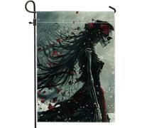 Drapeau de Jardin Squelette Gothique Rose Rouge Foncé Décoration d'Halloween Double Face Décoration de Cour Extérieure 30,5 x 45,7 cm
