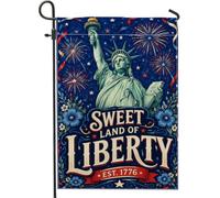 Drapeau de jardin Statue de la Liberté, fleurs de feux d'artifice patriotiques festifs du 4 juillet en toile de jute bleue double face pour extérieur, porche, pelouse, terrasse, 30,5 x 45,7 cm