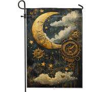 Drapeau de jardin steampunk lune et étoiles, horloge céleste dorée, bannière de décoration d'intérieur, drapeau double face en toile de jute pour décoration de pelouse extérieure, 30,5 x 45,7 cm