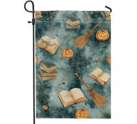 Drapeau de jardin sur le thème d'Halloween, balai, citrouille bleue, décoration d'araignée, bannière extérieure double face en toile de jute pour décoration de fête d'automne, 30,5 x 45,7 cm