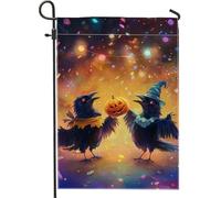 Drapeau de jardin sur le thème d'Halloween, corbeaux noirs avec citrouille, drapeau de cour double face en toile de jute pour décoration de pelouse extérieure, 30,5 x 45,7 cm