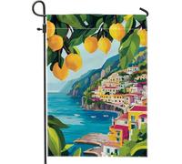 Drapeau de jardin sur le thème du citron, décoration d'agrumes jaune vif pour le printemps et l'été, décoration extérieure double face, paysage côtier extérieur, drapeau festif pour la maison et la