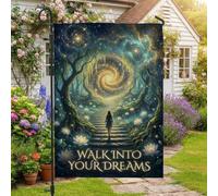 Drapeau de jardin surréaliste avec citation inspirante du rêve céleste | Thème galaxie céleste, drapeau de cour, fleurs de nénuphars fantaisie, citation inspirante, art fantastique mystique