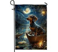 Drapeau de jardin teckel de nuit, chien bleu foncé avec lanterne, bannière de décoration d'intérieur, drapeau de cour double face en toile de jute, décoration saisonnière de pelouse, 30,5 x 45,7 cm