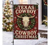 Drapeau de jardin Texas Cowboy Western Christmas Longhorn Skull 30,5 x 45,7 | Thème occidental, drapeau de cour, couronne rustique, clochettes, corde lasso, décoration extérieure de ferme