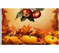 Drapeau De Jardin Three Pumpkins Yellow Fall Leaves Thanksgiving Day Autumn Harvest Garden Flag Couleur Vive Drapeau De Bienvenue Amusante Pride Flag Pour Patio Pelouse Pavillon 152X90CM