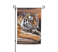 Drapeau de jardin tigre allongé sur bois - 30,5 x 45,7 cm - Double face - Printemps - Été - Décoration de cour - Petit drapeau saisonnier - Décoration extérieure