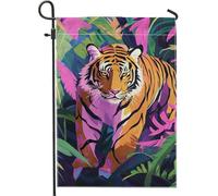 Drapeau de jardin tigre coloré, bannière de cour de chat de la jungle, décoration extérieure double face pour fêtes d'été, décoration de pelouse d'animaux tropicaux, 30,5 x 45,7 cm