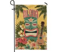 Drapeau de jardin Tiki Aloha, masque Tiki vert tropical, bannière décorative d'hibiscus, drapeau de cour double face, décoration de pelouse d'été extérieure, 30,5 x 45,7 cm