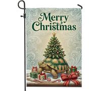 Drapeau de jardin tortue de Noël 30,5 x 45,7 cm | Tortue portant un sapin de Noël, un drapeau de cour, des boîtes cadeaux festives, un fond élégant, une décoration de jardin
