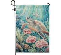 Drapeau de jardin tortue sous-marine, bleu sarcelle, fleur de corail, décoration extérieure, drapeau double face en toile de jute pour décoration de pelouse d'été, 30,5 x 45,7 cm