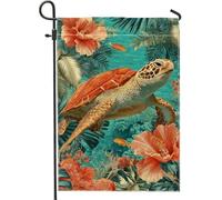 Drapeau de jardin tortue tropicale, fleurs d'hibiscus bleu sarcelle, bannière de jardin, bannière de jardin, drapeau double face en toile de jute, décoration de pelouse extérieure, 30,5 x 45,7 cm