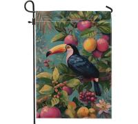 Drapeau de jardin toucan tropical, décoration colorée de fruits et d'oiseaux, drapeau d'été extérieur, bannière de jardin double face pour décoration de fête de pelouse, 30,5 x 45,7 cm