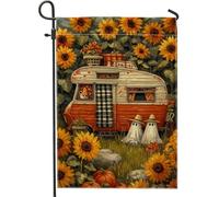 Drapeau de jardin tournesol d'automne, orange vintage, fantômes de remorque, décoration extérieure, bannière double face en toile de jute pour décoration de pelouse d'automne, Halloween, 30,5 x 45,7