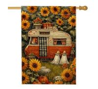 Drapeau de jardin tournesol d'automne, orange vintage, fantômes de remorque, décoration extérieure, bannière double face en toile de jute pour décoration de pelouse d'automne, Halloween, 71,1 x 101,6