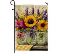 Drapeau de jardin tournesol rustique, pot Mason Gerbera, jaune printanier, double face, petit drapeau de jardin, cour, pour extérieur, porche, pelouse, terrasse, 30,5 x 45,7 cm