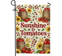 Drapeau de jardin tournesol rustique, tonneau de tomates rouges d'été en toile de jute double face pour extérieur, terrasse, pelouse, porche, balcon, 30,5 x 45,7 cm