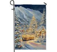 Drapeau de jardin tramway, sapin de Noël festif en toile de jute blanche neige double face pour extérieur, terrasse, pelouse, porche, balcon, 30,5 x 45,7 cm