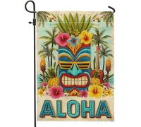Drapeau de jardin tropical Aloha, masque Tiki coloré, bannière florale d'hibiscus, décoration extérieure double face en toile de jute pour fêtes d'été et célébrations Luau, 30,5 x 45,7 cm