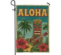 Drapeau de jardin tropical Aloha, masque Tiki coloré hibiscus, décoration extérieure, bannière double face en toile de jute pour décoration de fête d'été, 30,5 x 45,7 cm