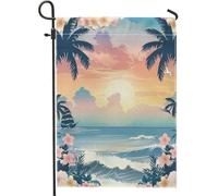 Drapeau de jardin tropical au lever du soleil, scène de plage, couleurs pastel coucher de soleil, décoration extérieure d'été et de vacances, style plage pour cour 30,5 x 45,7 cm