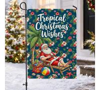 Drapeau de jardin tropical avec citation du Père Noël sur la plage 30,5 x | Fleurs d'hibiscus, drapeau de pelouse, palmier, chaise de plage, boisson à la noix de coco, sac cadeau, thème côtier