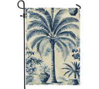 Drapeau de jardin tropical avec palmier - Bannière de décoration extérieure botanique bleue et crème - Drapeau double face en toile de jute - Décoration de fête saisonnière - 30,5 x 45,7 cm