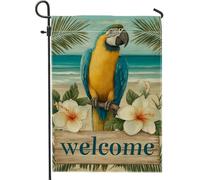 Drapeau de jardin tropical bienvenu, bleu et jaune, bannière florale pour décoration d'intérieur, drapeau double face en toile de jute, décoration de pelouse extérieure, 30,5 x 45,7 cm