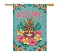 Drapeau de jardin tropical bienvenu, masque Aqua Tiki Hibiscus, bannière de décoration d'intérieur, drapeau de cour en toile de jute saisonnier, accents de pelouse extérieure 71,1 x 101,6 cm