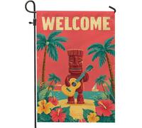 Drapeau de jardin tropical bienvenu, statue Tiki rouge, bannière de décoration hawaïenne, décoration de pelouse extérieure double face pour l'été, 30,5 x 45,7 cm