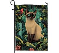 Drapeau de jardin tropical chat siamois, motif jungle vibrant, bannière de jardin, bannière de jardin, drapeau de cour double face en polyester pour décoration de pelouse extérieure, 30,5 x 45,7 cm