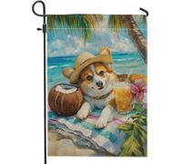 Drapeau de jardin tropical Corgi - Décoration de plage colorée pour chien - Drapeau d'été extérieur - Double face - Thème plage - 30,5 x 45,7 cm