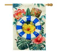 Drapeau de jardin tropical d'été, anneau de vie d'hibiscus bleu et jaune, bannière de décoration d'intérieur, drapeau double face en toile de jute, décoration de pelouse extérieure, 71 x 101,6 cm