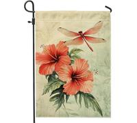 Drapeau de jardin tropical d'été avec fleurs d'hibiscus et libellule - Orange - Décoration d'intérieur - Double face en toile de jute - Décoration extérieure pour fêtes sur pelouse - 30,5 x 45,7 cm