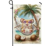 Drapeau de jardin tropical d'été avec hamster, animal mignon, palmier, plage, bannière décorative, drapeau de cour, drapeau de cour, décoration de pelouse extérieure, 30,5 x 45,7 cm